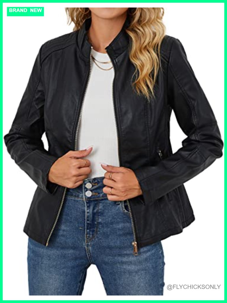 Faux Leather Jacket Women Motorcycle Zipper Stand Collar Bomber Pu Bike Coat
